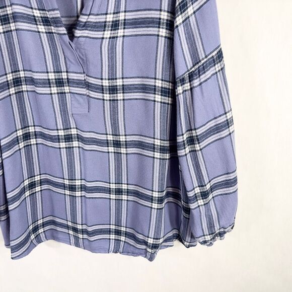 Lane Bryant Plus Size 22 24 Top Plaid Blue Soft Bishop Sleeve V Neck‎ 493 - Picture 3 of 9